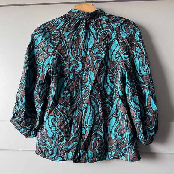 Trina Turk Shirt Womens Petite Brown Teal Silk Jacquard Button Blouse 3/4 Sleeve - Picture 2 of 12